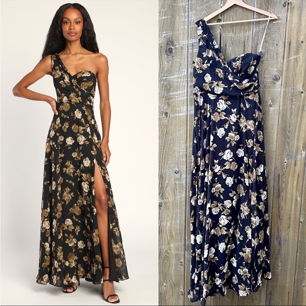 Black and Tan Floral Chiffon One-Shoulder Maxi Dress 🌿